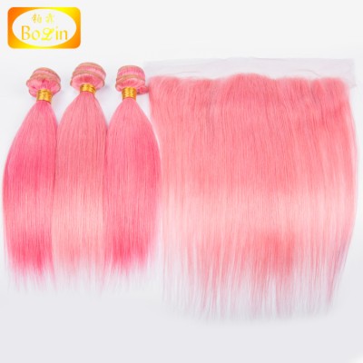 Wholesale Brazilian Cuticle Aligned Hair Bundle With Frontal Pink Color 9A Grade Brazilian Human Hair