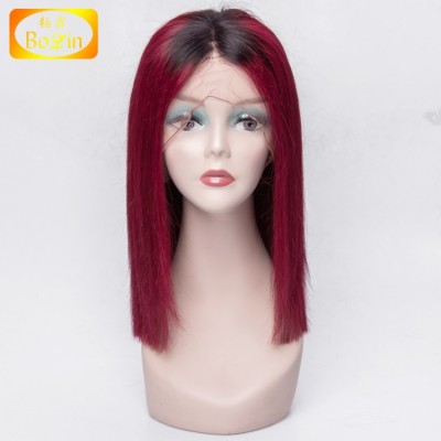 Factory wholesale Colorful human hair Wig  1B/red  ombre color  Human Hair Silky Raw Straight Lace Front Bob Wigs With Baby Hair